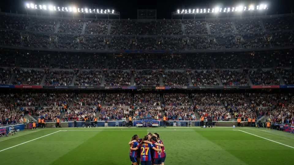 Speelsters van Barcelona vieren samen de 7-0 overwinning op Real Madrid in Camp Nou
