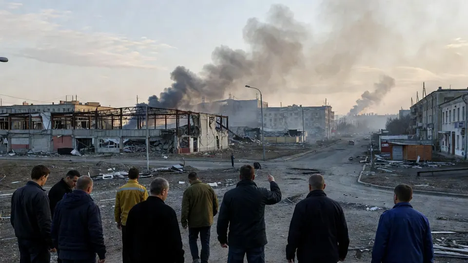 Inwoners bekijken de verwoestingen na Russische aanvallen op een Oekraïense stad