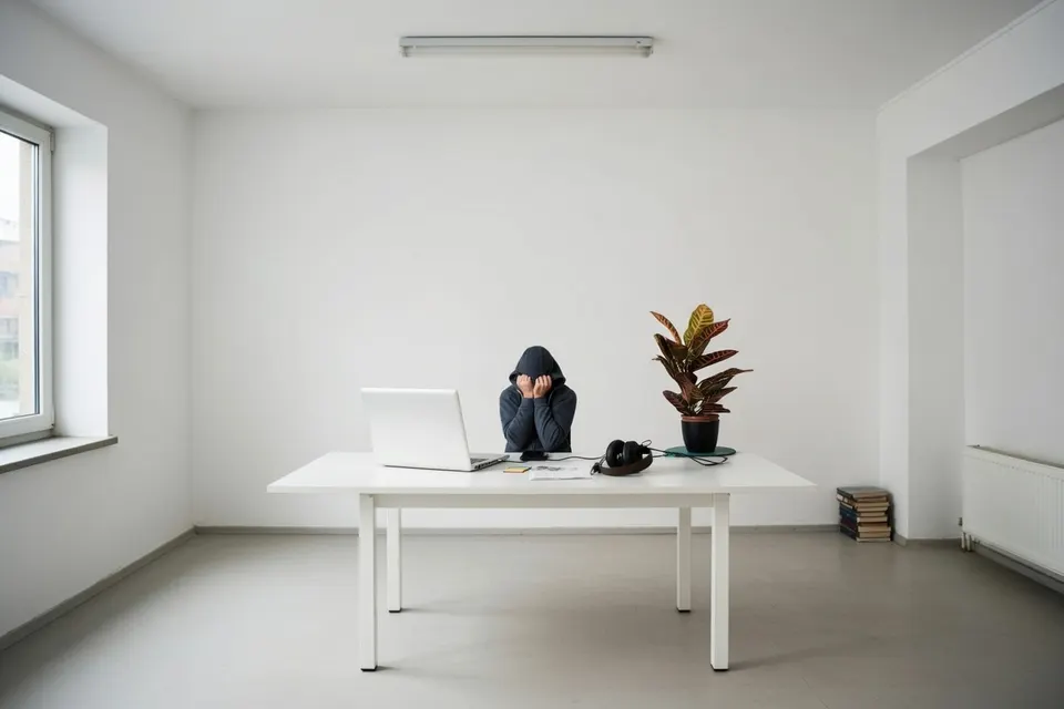 Een persoon leest bezorgd berichten over kunstmatige intelligentie aan een bureau
