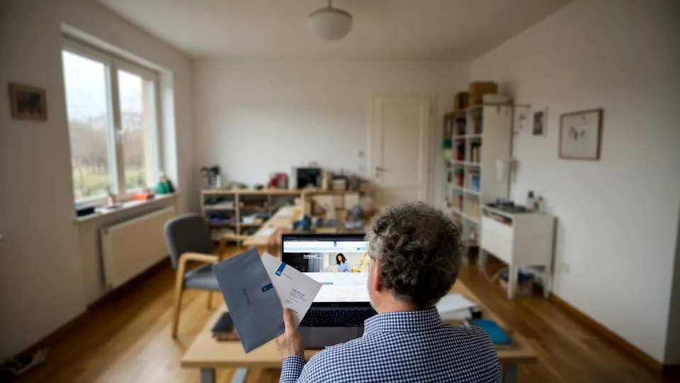Man bekijkt thuis documenten over de invoering van de vermogenswinstbelasting op een laptop