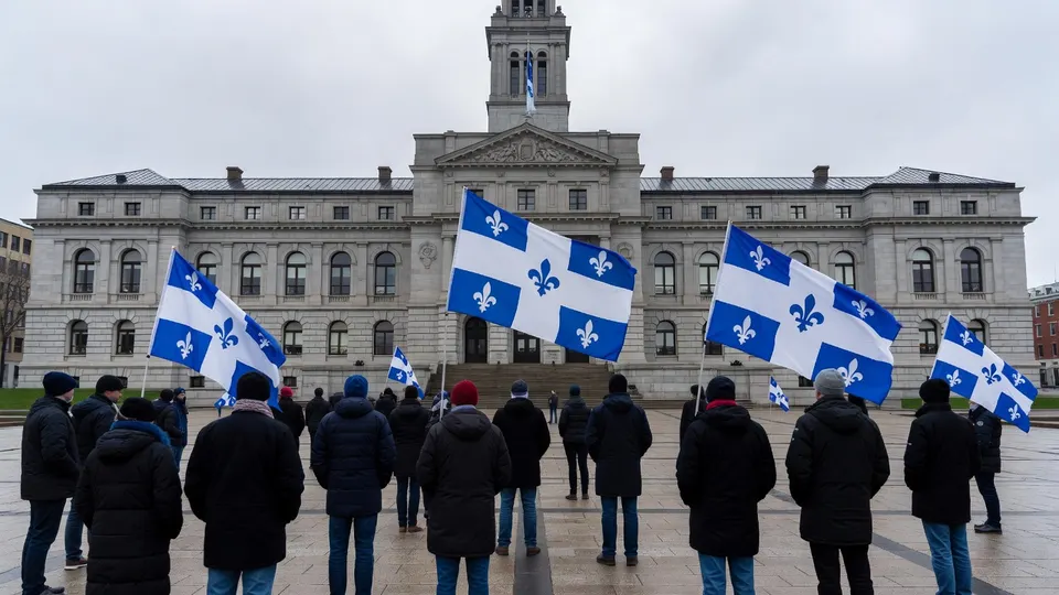 Demonstranten met vlaggen van Quebec voor het parlementsgebouw in Montreal