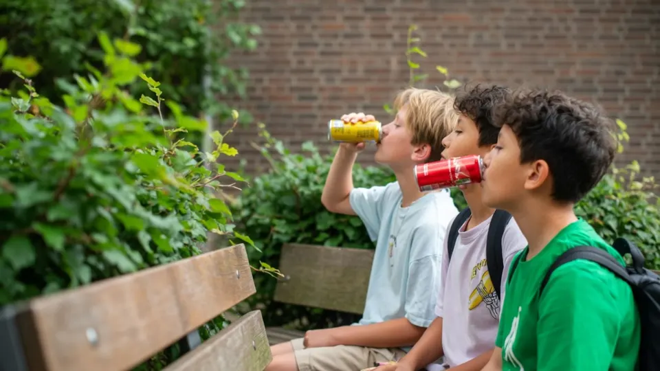 Drie jongeren drinken frisdrank bij een school