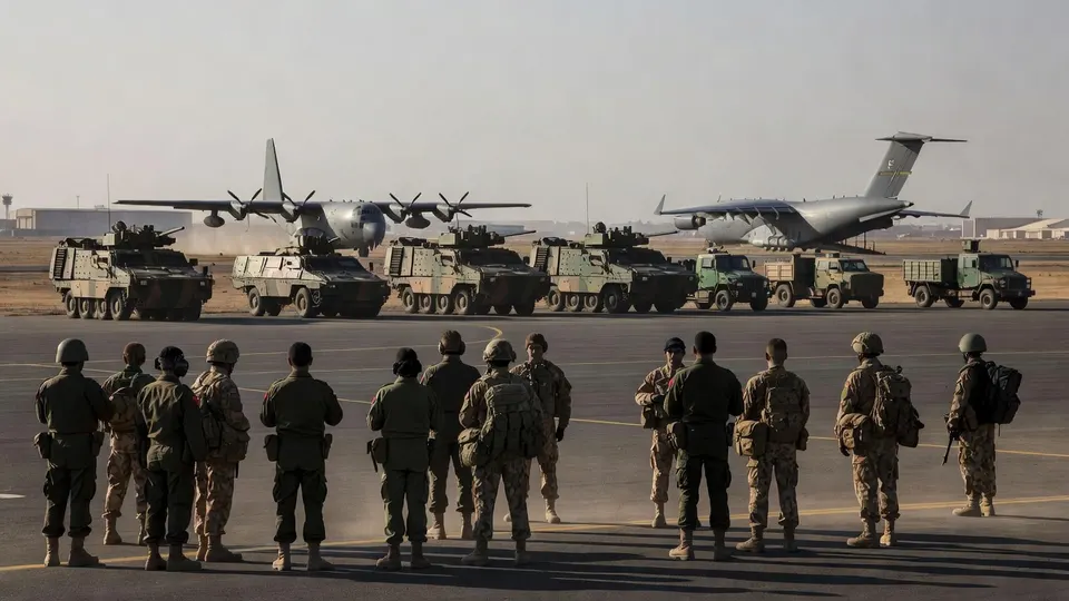 Militairen kijken toe terwijl transportvliegtuigen en legervoertuigen op een vliegveld staan