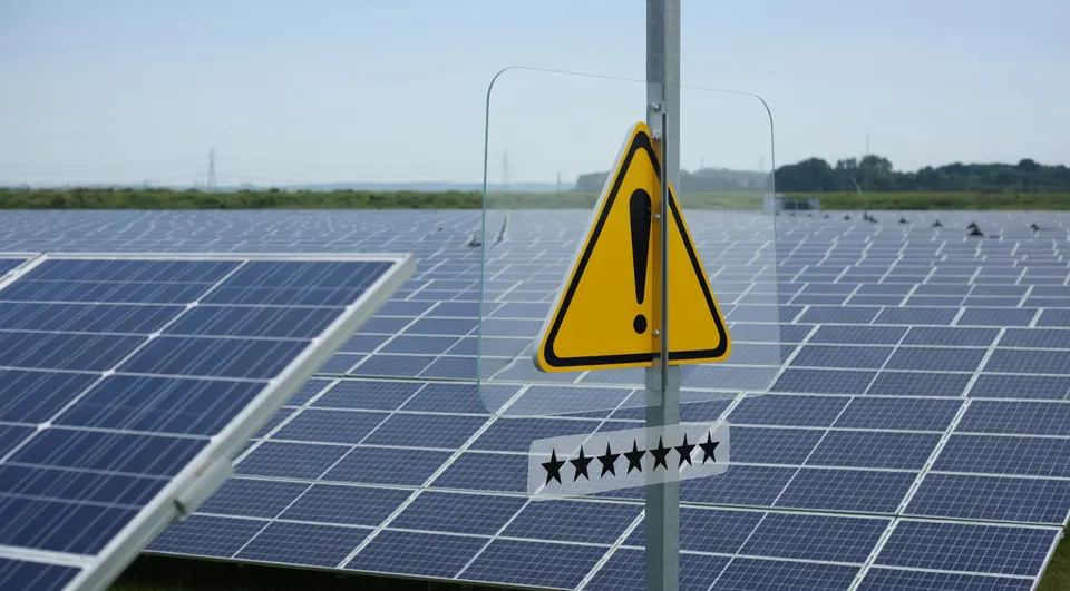 Zonnepanelen in een Nederlands zonnepark met een waarschuwingsbord voor digitale kwetsbaarheden