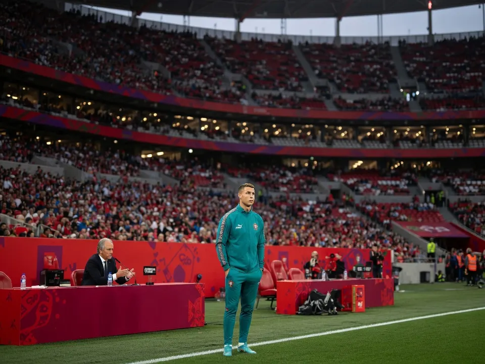 Cristiano Ronaldo staat langs de zijlijn tijdens een wedstrijd van Portugal