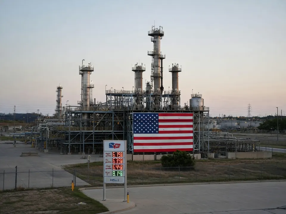 Amerikaanse olieraffinaderij met grote vlag en een bord met brandstofprijzen