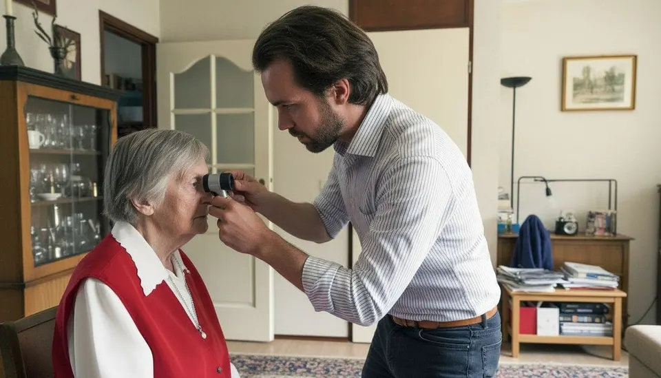 Een arts onderzoekt het oog van een oudere vrouw