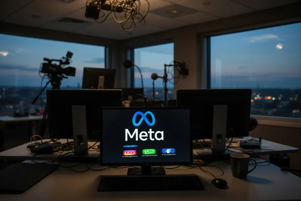 Computerschermen met het Meta-logo in een kantoor met camera's en microfoons