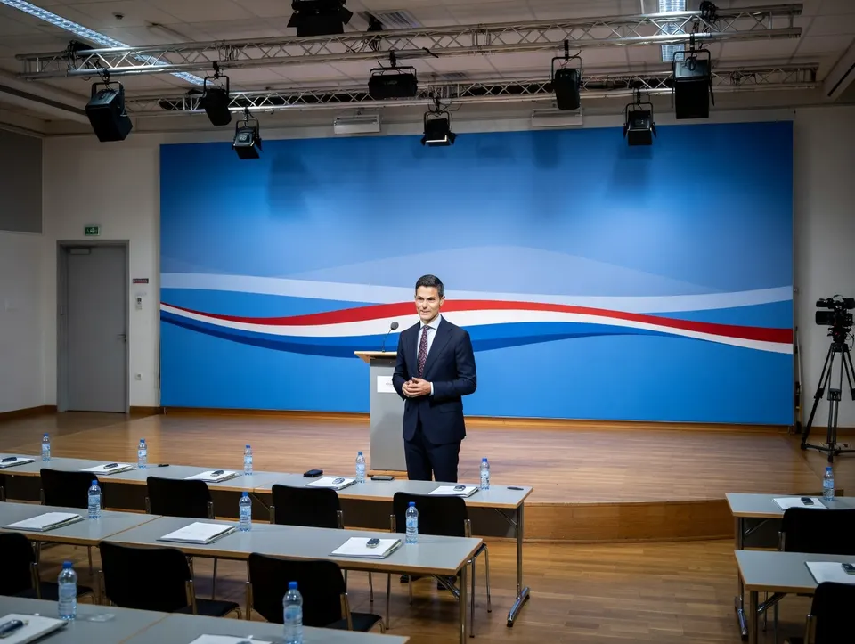 Premier Rob Jetten tijdens een bijeenkomst in een zaal