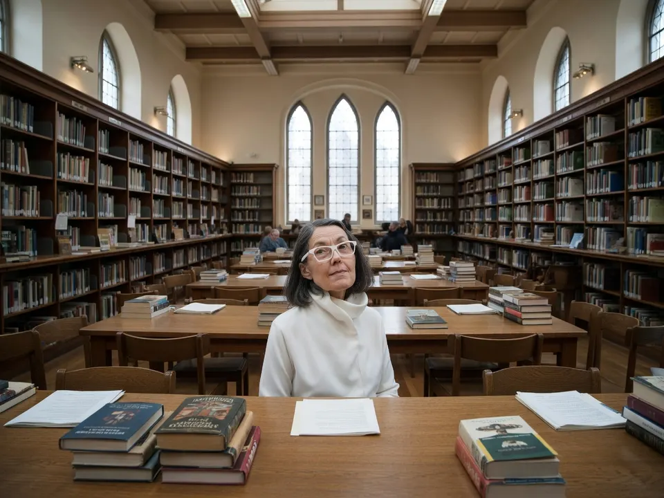 Anne Carson in een bibliotheek