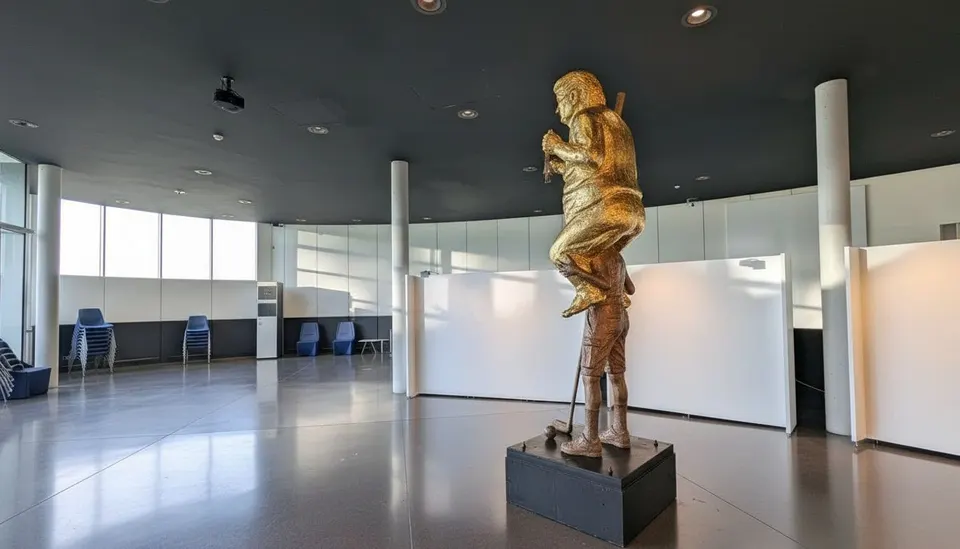 Gouden standbeeld van de naakte Donald Trump in het Europees Parlement in Straatsburg