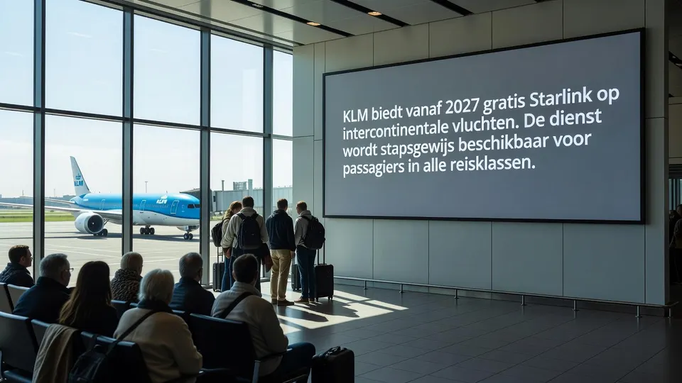 Scherm in een KLM-terminal over gratis Starlink-wifi op intercontinentale vluchten vanaf 2027