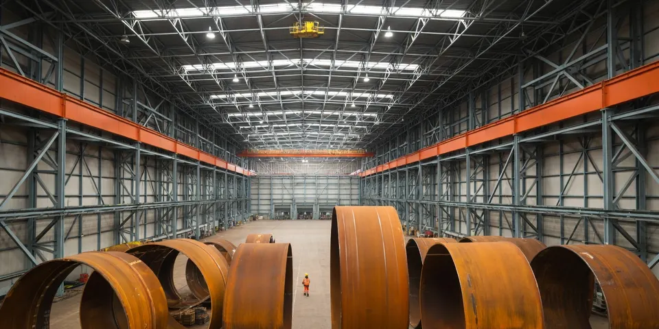 Stalen rollen in een industriële productiehal