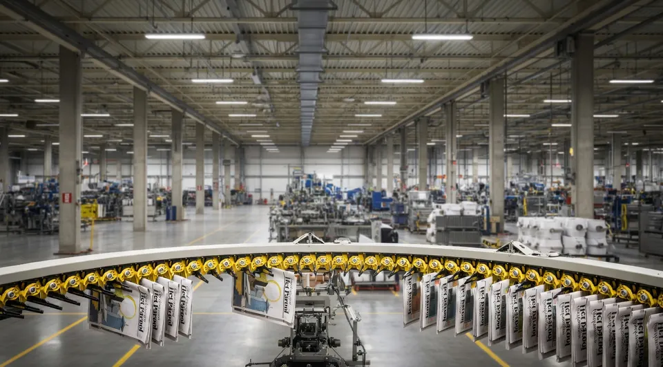 Een grote productiehal met machines en drukwerk aan een lopende band