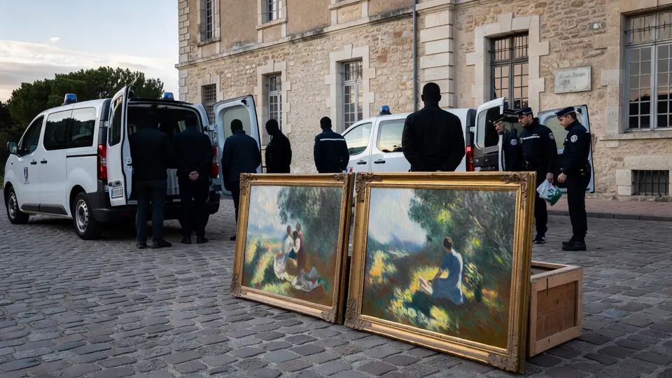 De twee teruggevonden Renoirs worden door de politie getoond in Cagnes-sur-Mer