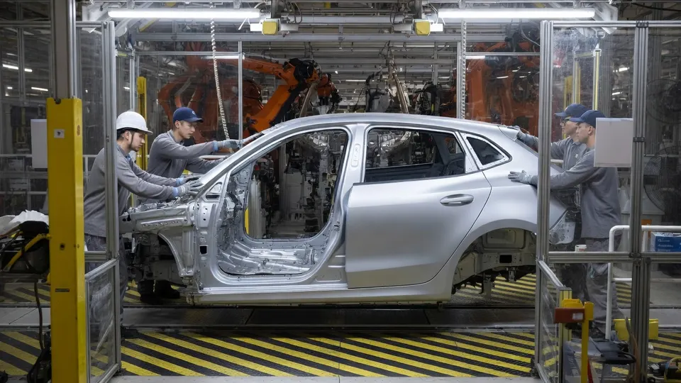 Medewerkers bouwen een auto in een Chinese autofabriek