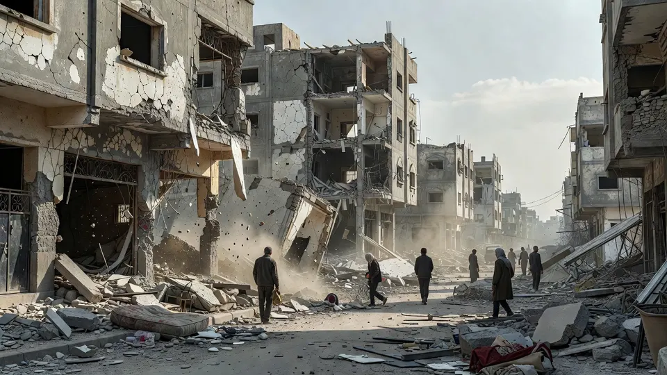 Mensen lopen langs zwaar beschadigde gebouwen in Gaza