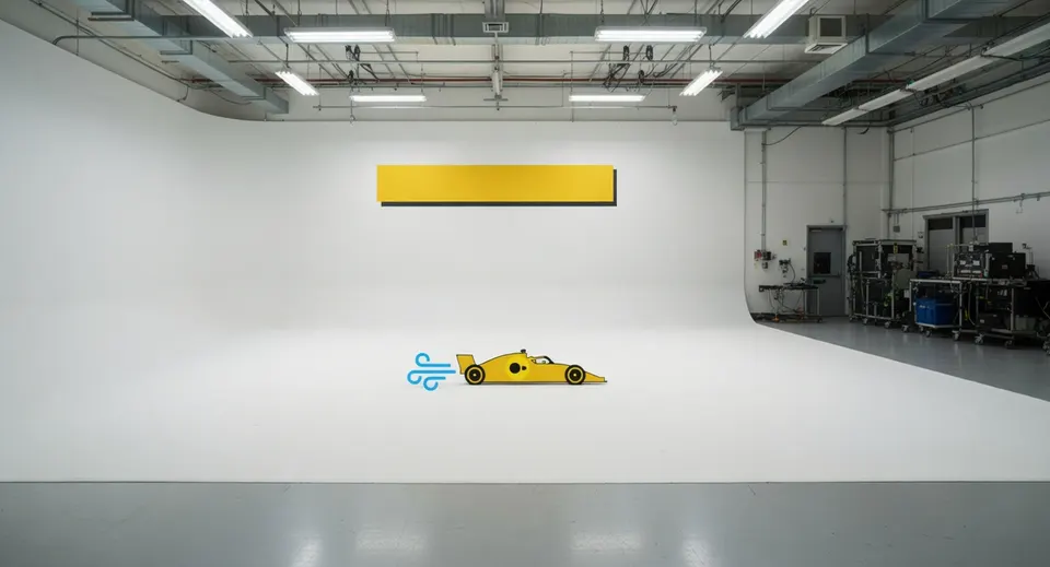 Een geel autootje staat in een grote industriële testruimte