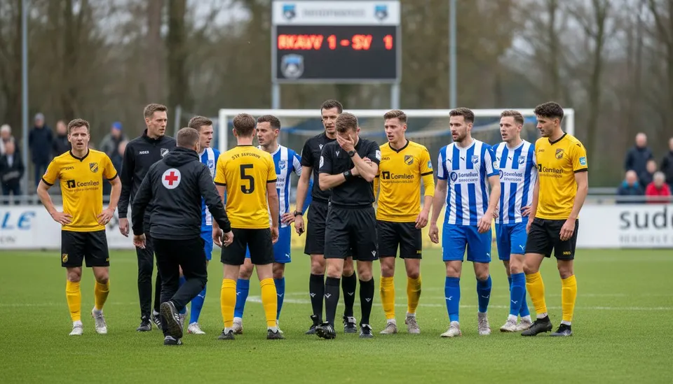 Spelers van RKAVV en SVV Scheveningen overleggen met de arbitrage tijdens het stilgelegde duel