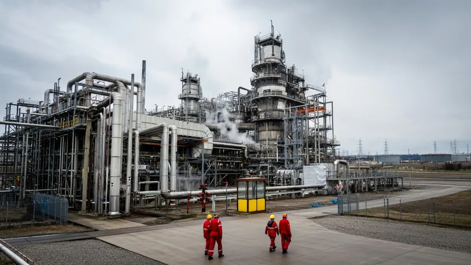 Werknemers lopen langs installaties van een olieraffinaderij in Rotterdam