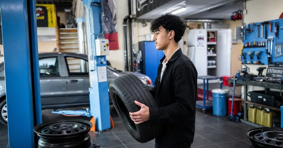 Leerling van praktijkschool De Bolster in Groningen draagt een autoband in de werkplaats
