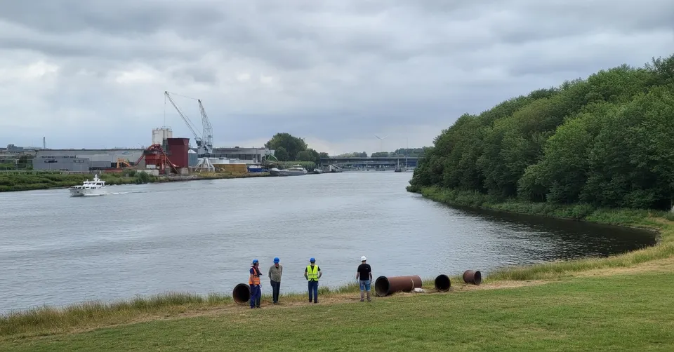 Mensen staan bij buizen aan de oever van een watergang tijdens de droge zomer