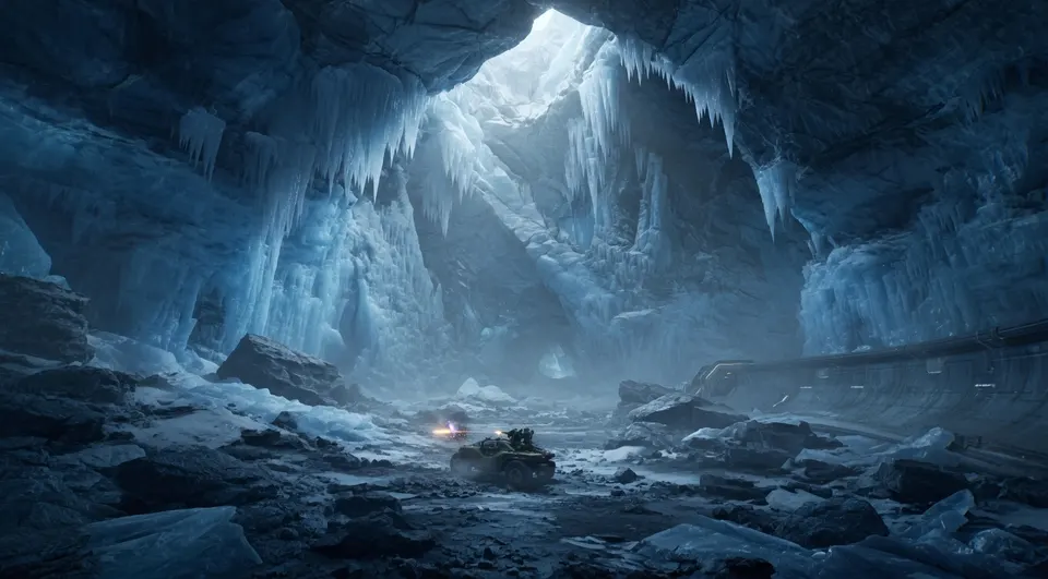 Een voertuig in een ijzige grot in Halo: Campaign Evolved