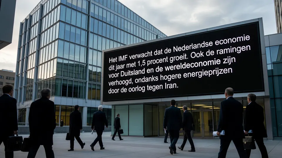 Bezoekers lopen langs een scherm met de nieuwe groeiverwachting van het IMF voor Nederland