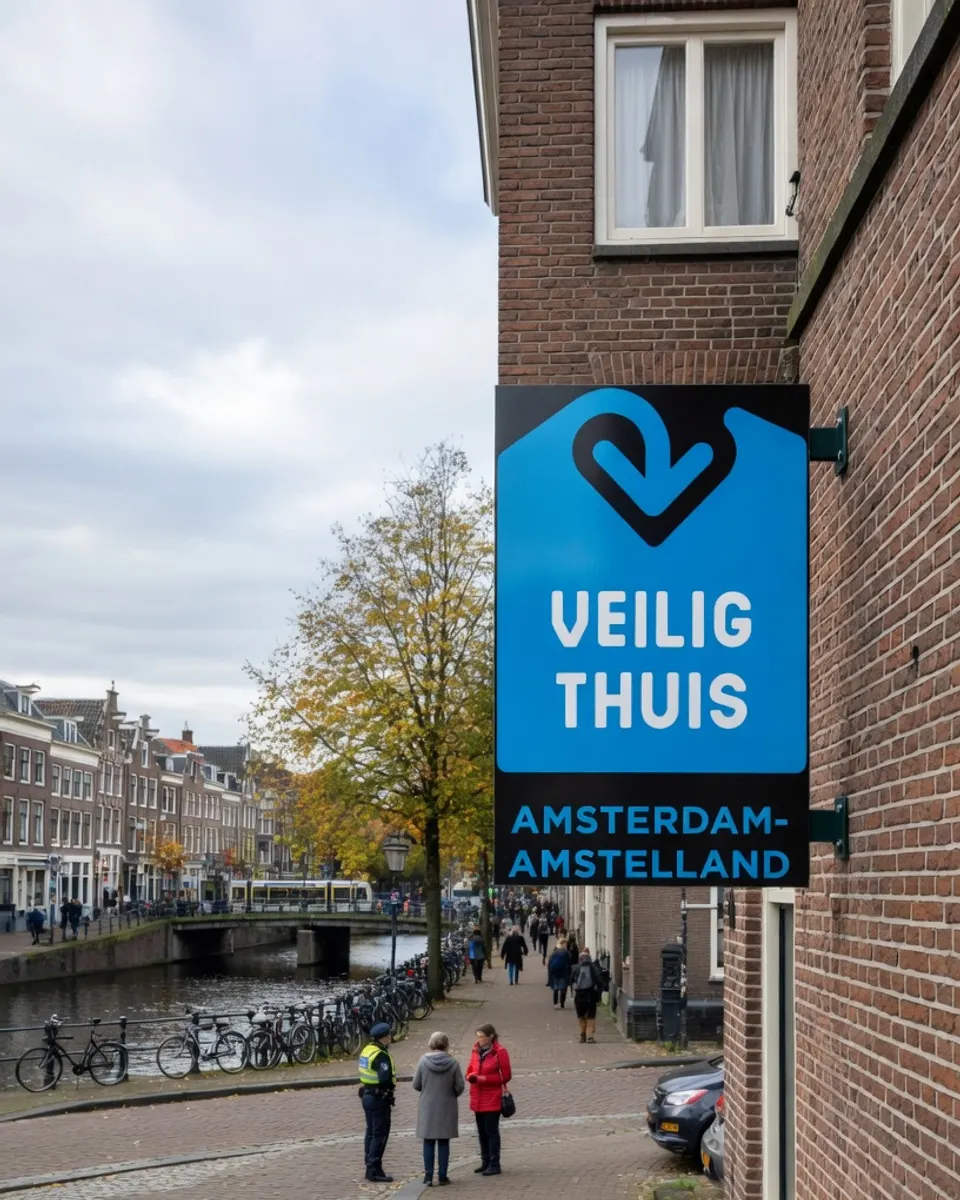 Bord van Veilig Thuis Amsterdam-Amstelland langs een gracht in Amsterdam