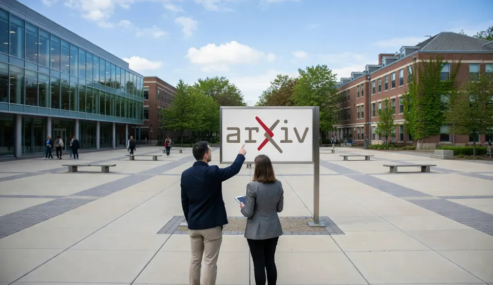 Illustratie van AI-onderzoekers bij een bord met het logo van arXiv