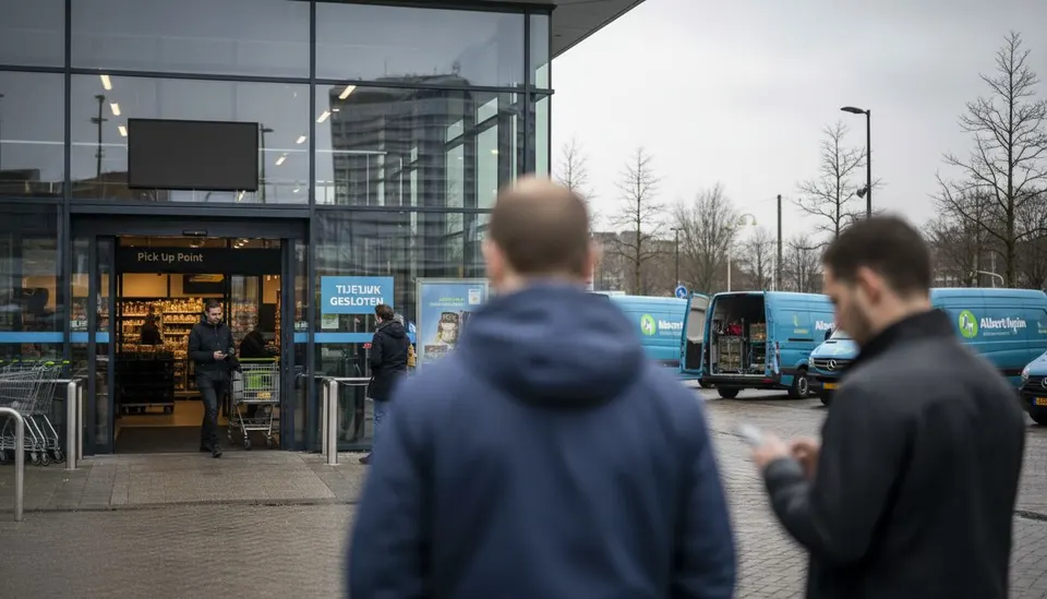 Bezoekers bij een Albert Heijn-winkel terwijl systemen van moederbedrijf Ahold Delhaize zijn verstoord