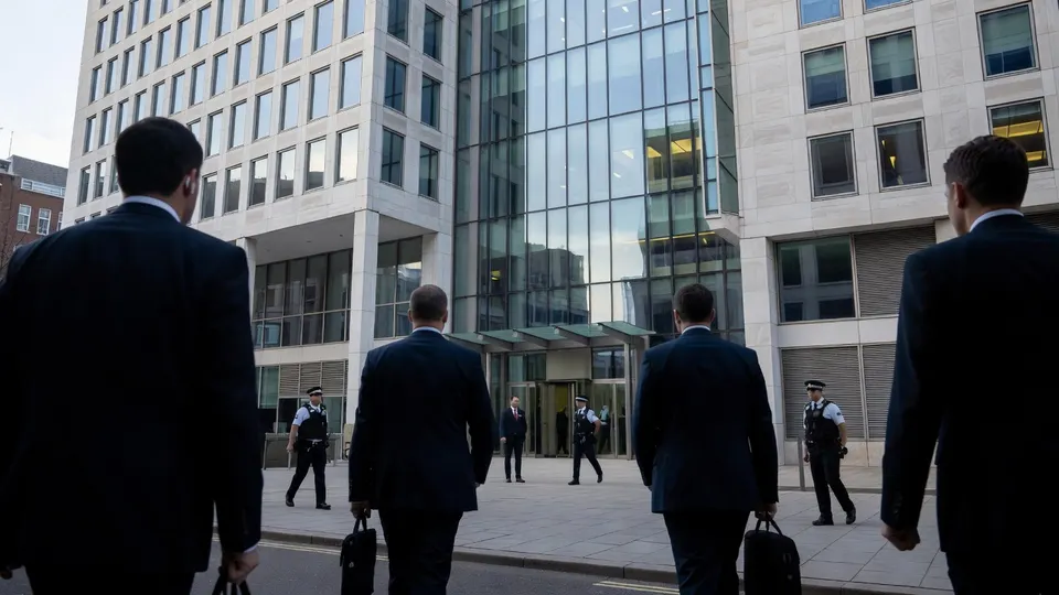Medewerkers lopen langs het MI5-gebouw in Londen