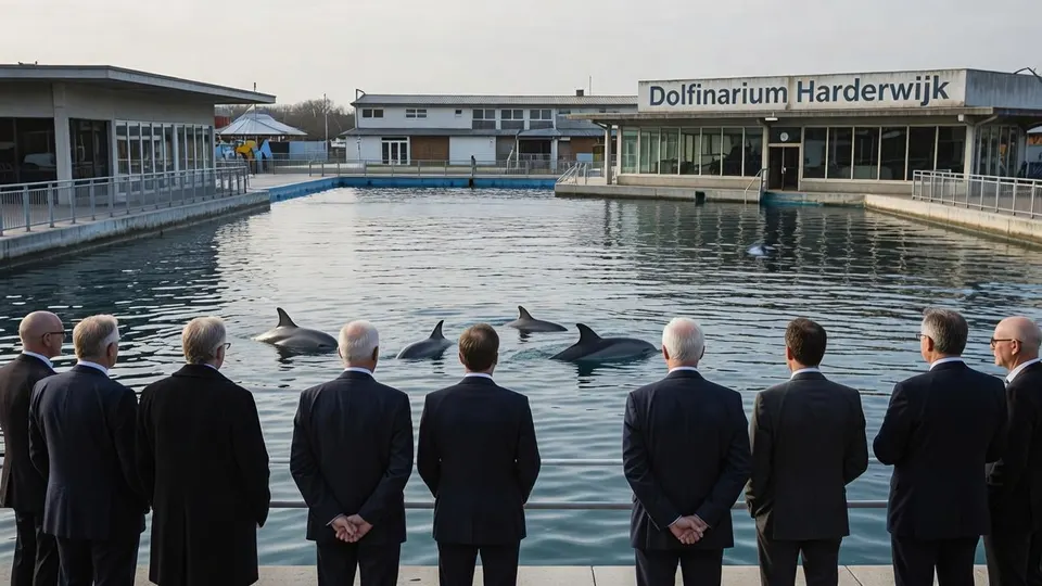 Dolfijnen zwemmen in het bassin van het Dolfinarium in Harderwijk, terwijl bezoekers toekijken