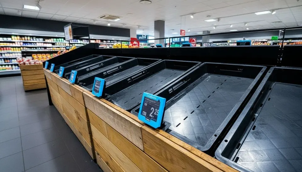 Lege schappen voor groente en fruit in een Albert Heijn-supermarkt