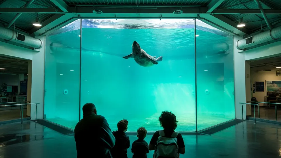 Bezoekers bekijken een zeehond in het aquarium van het Werelderfgoedcentrum Waddenzee