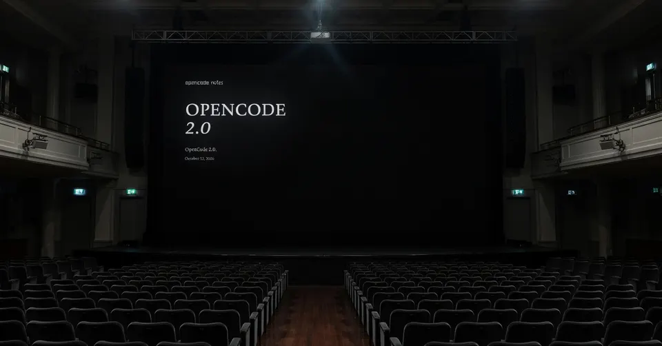Lege theaterzaal met op het scherm de tekst OpenCode 2.0