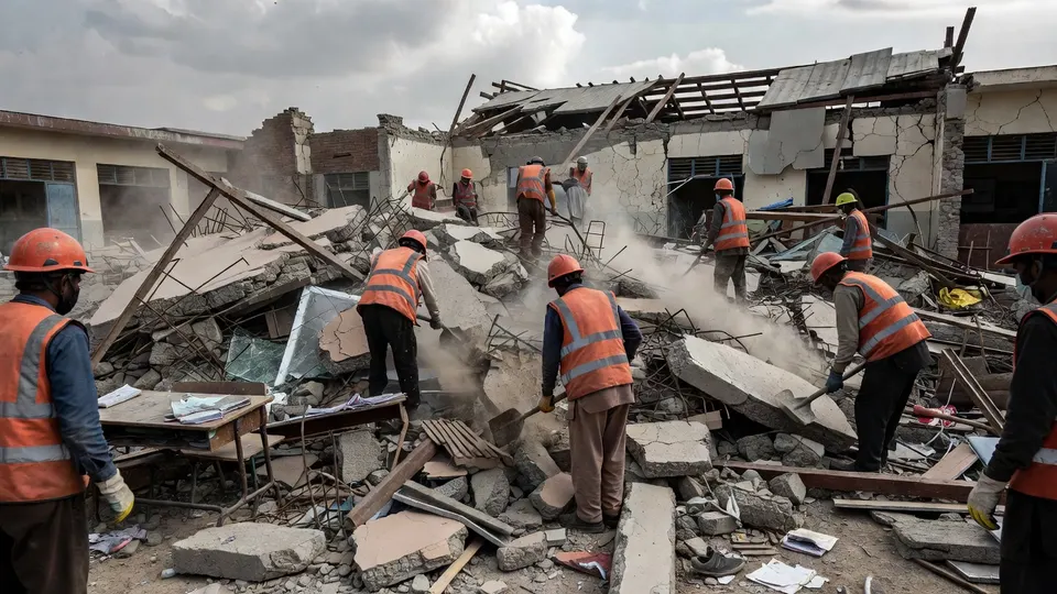 Reddingswerkers zoeken in het puin van een ingestorte privéschool in Peshawar naar slachtoffers