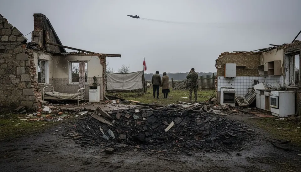 De verwoeste woning in Wyryki, die in september 2025 werd geraakt door een raket van een Nederlandse F-35