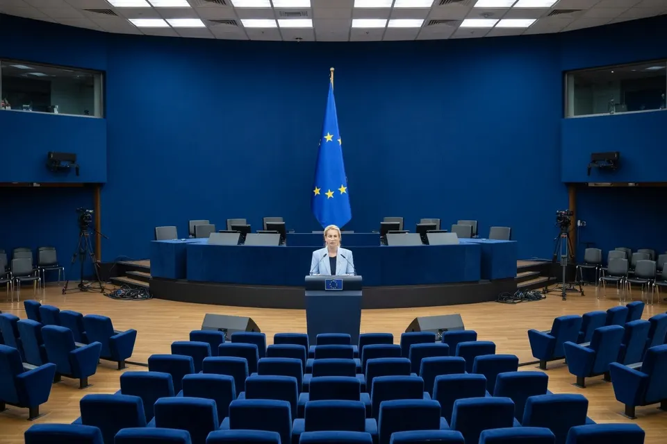 EU-buitenlandchef Kaja Kallas spreekt in een perszaal met de EU-vlag op de achtergrond
