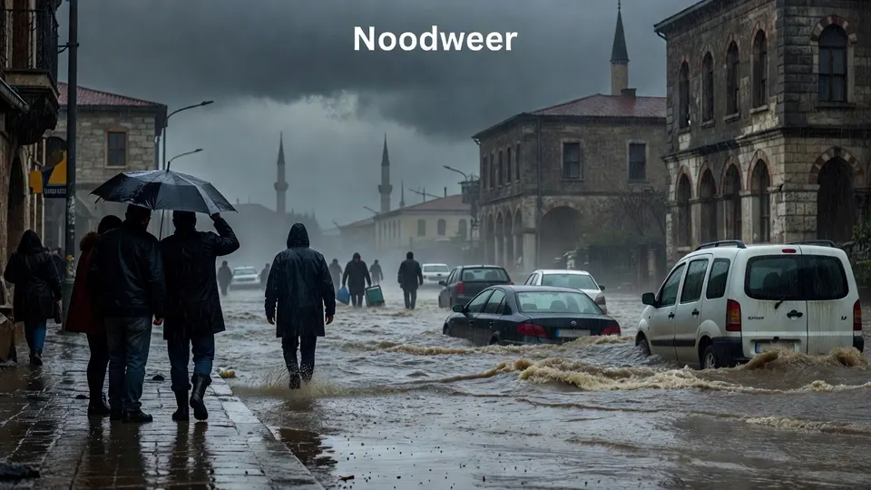 Inwoners lopen door een overstroomde straat in Istanboel tijdens zware regenval