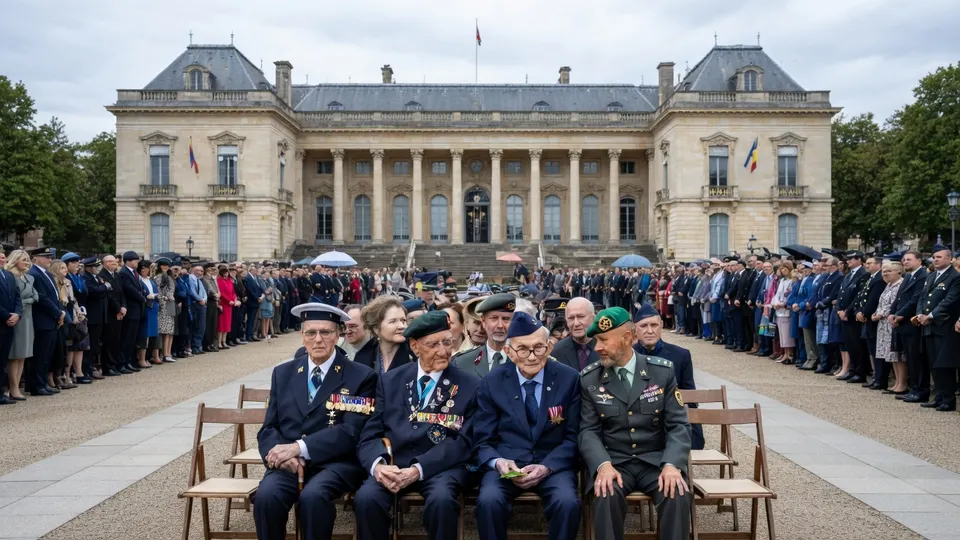 Willem Wilbrink tijdens een herdenking, omringd door militairen en andere genodigden