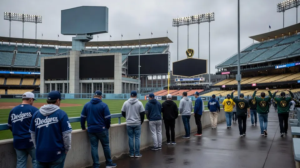 Fans van de Dodgers en Brewers kijken toe in het stadion