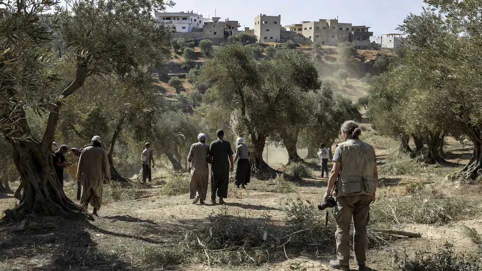 Palestijnse olijvenplukkers lopen door een olijfgaard op de Westelijke Jordaanoever