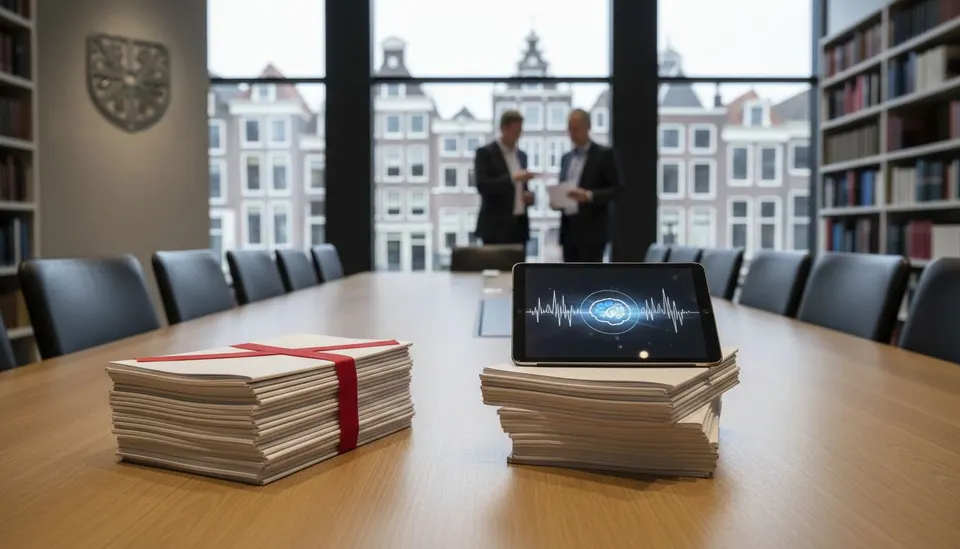 Stapels essays en een tablet met AI-scan in een vergaderruimte