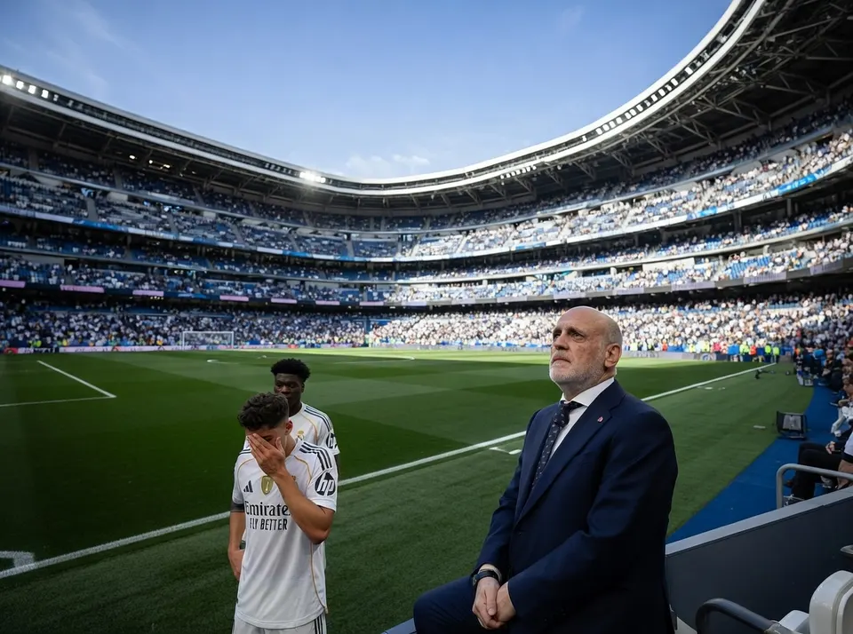 Voorzitter Florentino Pérez van Real Madrid zit tijdens een wedstrijd op de tribune