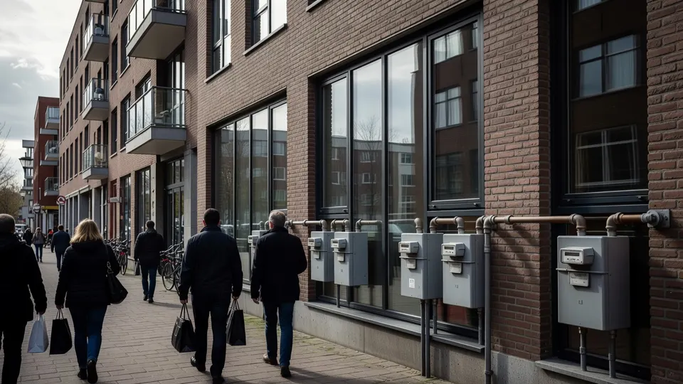 Gasmeters aan de gevel van een appartementencomplex
