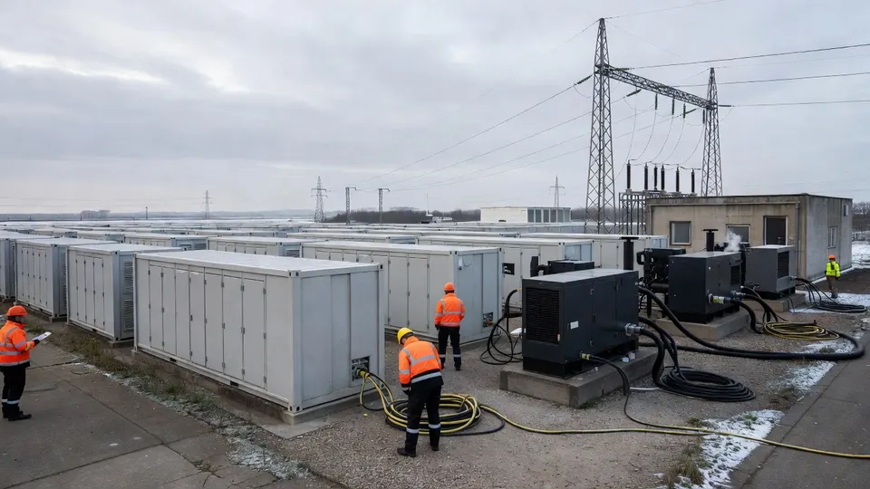 Tijdelijke batterijcontainers, dieselaggregaten en medewerkers op een terrein van Stedin in Houten