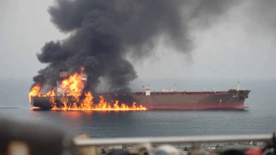 Een tanker staat in brand op zee, terwijl dikke rook opstijgt