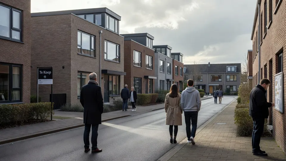 Woningen in een Nederlandse nieuwbouwwijk met enkele voorbijgangers