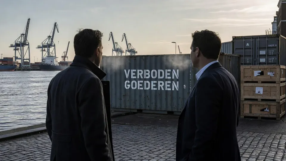 Twee mannen kijken uit over een haven met containers waarop 'verboden goederen' staat